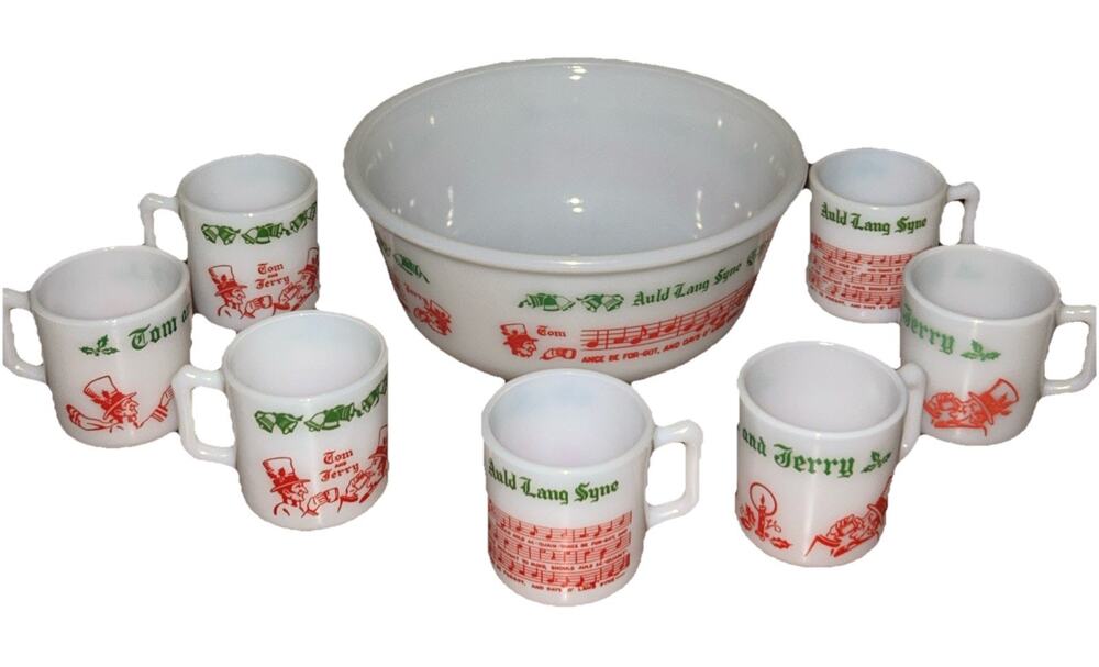 Hazel Atlas 7pc Tom & Jerry Auld Lang Syne Milk Glass Punch Bowl Set c1940s USA